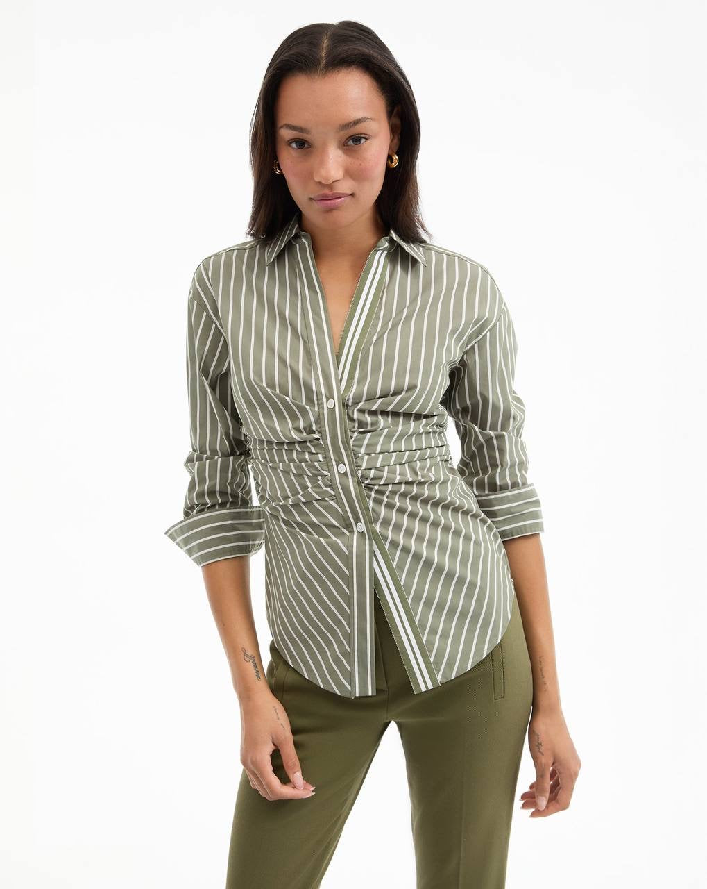 VB Devra Striped Button-Down Ruched Cotton-Blend Shirt