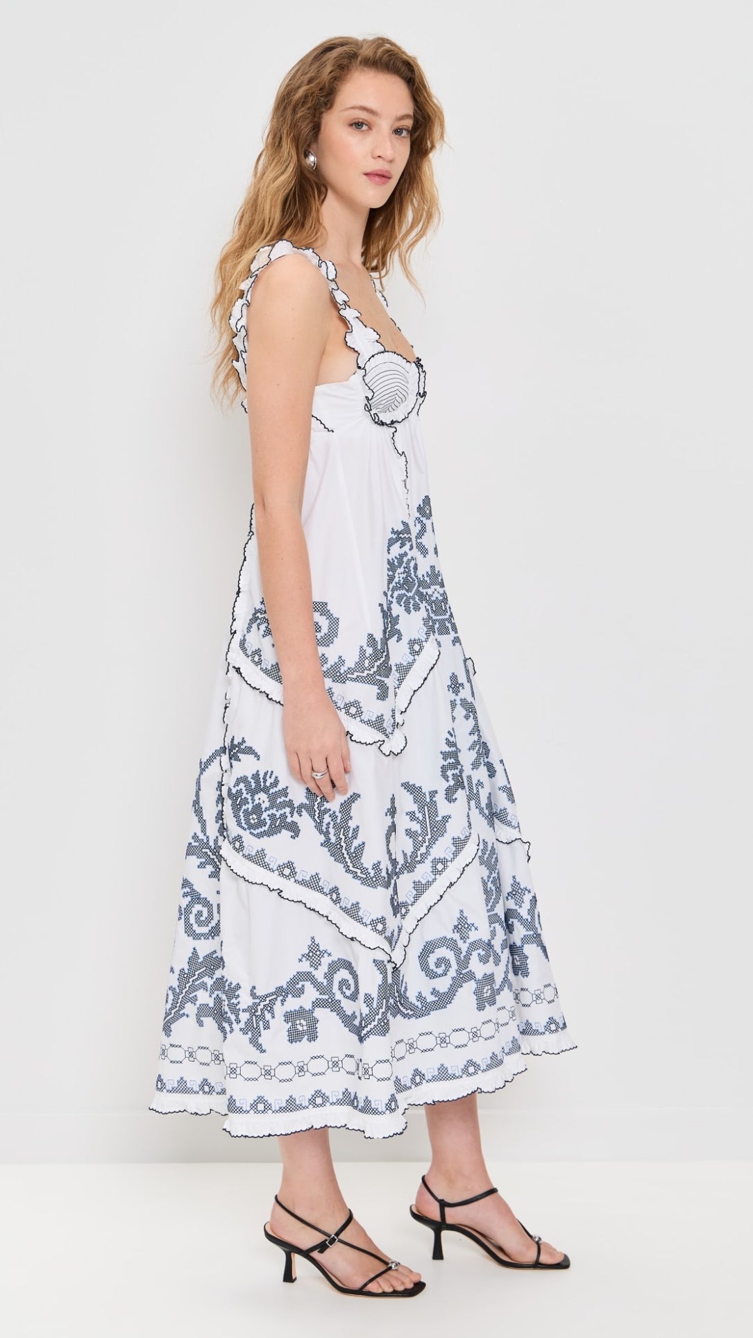 ALM Hazel Smocked Embroidered Sundress Midi Dress