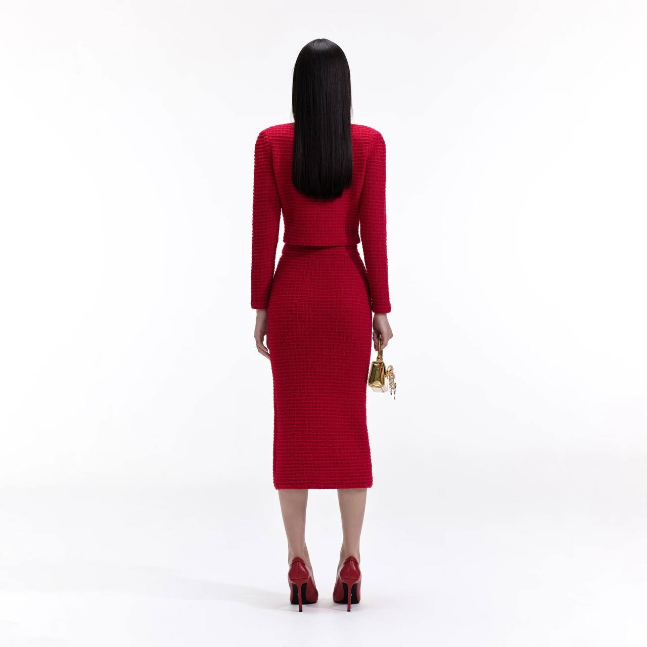 SP Red Knit V Neck Cardigan | Midi Skirt | Set
