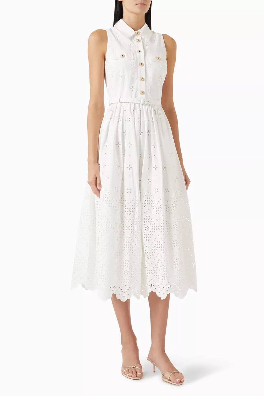 SP White Cotton Broderie Collared Midi Dress