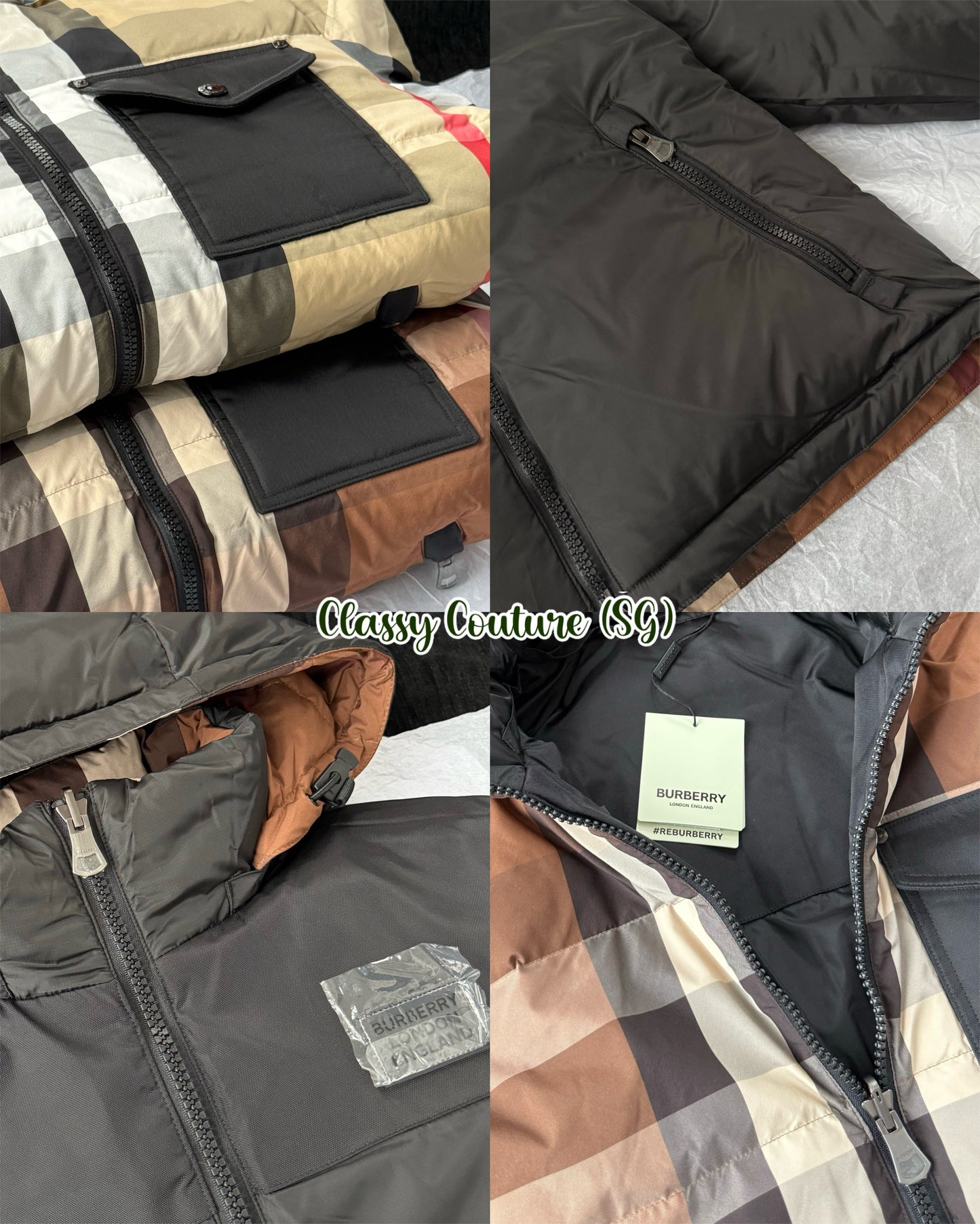 BBR Men’s / Unisex Reversible Check Nylon Puffer Hooded Jacket (Down feather-filled)