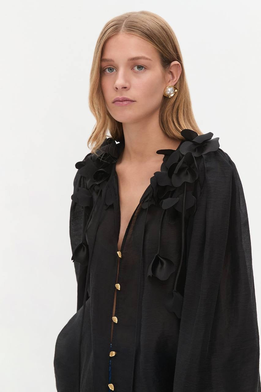 AJ Camille 3D Flower Linen-Blend Blouse Top