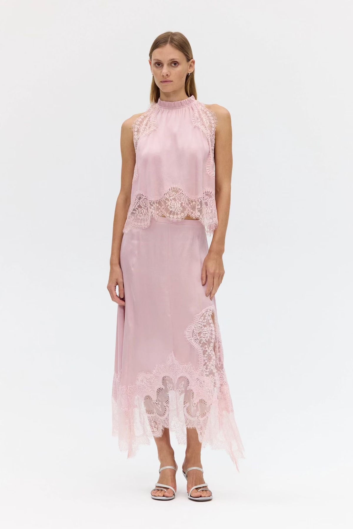 TF Visions Lace Crop Top | Handkerchief Midi Skirt | Cupro-rayon Satin Set