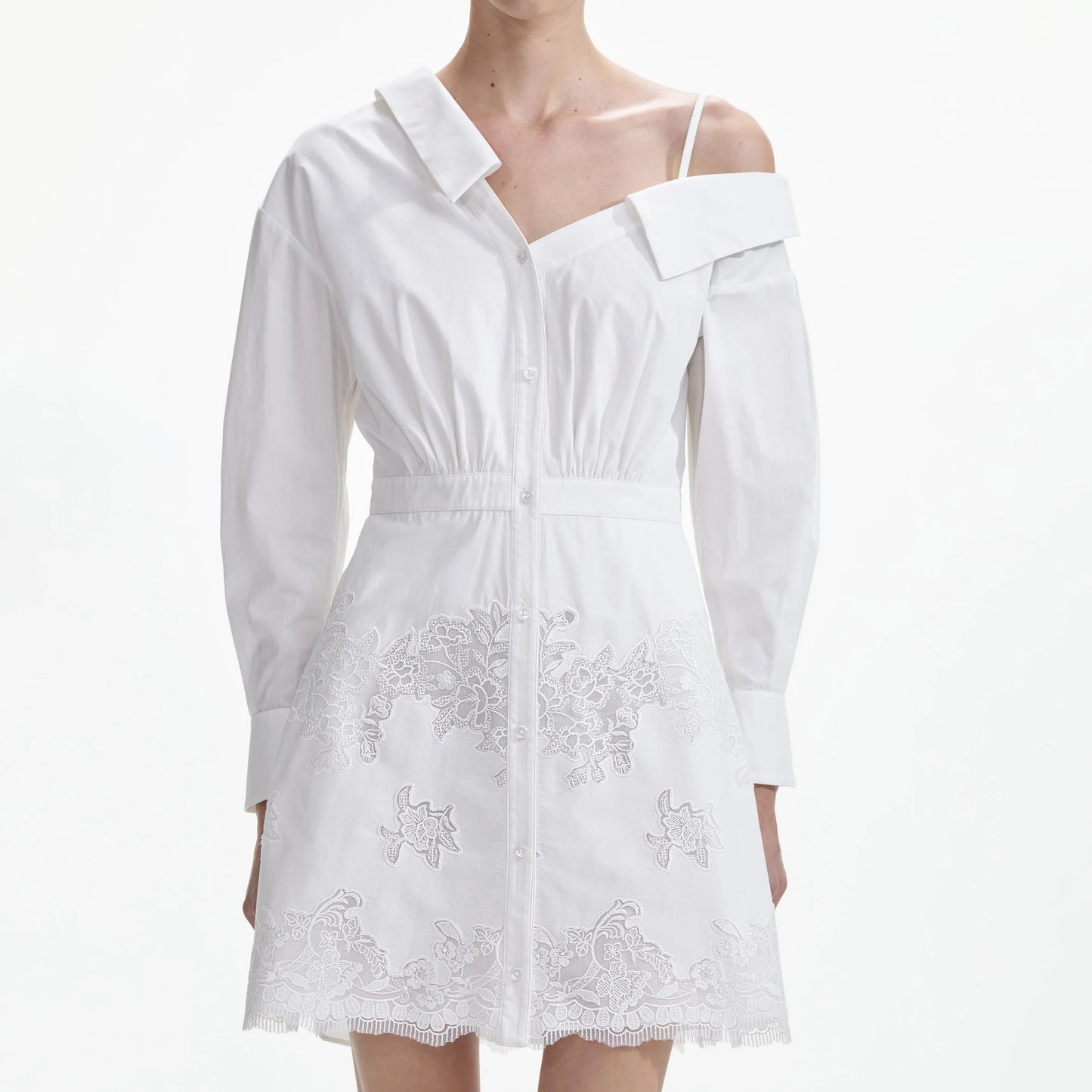 SP White Cotton Lace Hem Mini Dress Cold Shoulder
