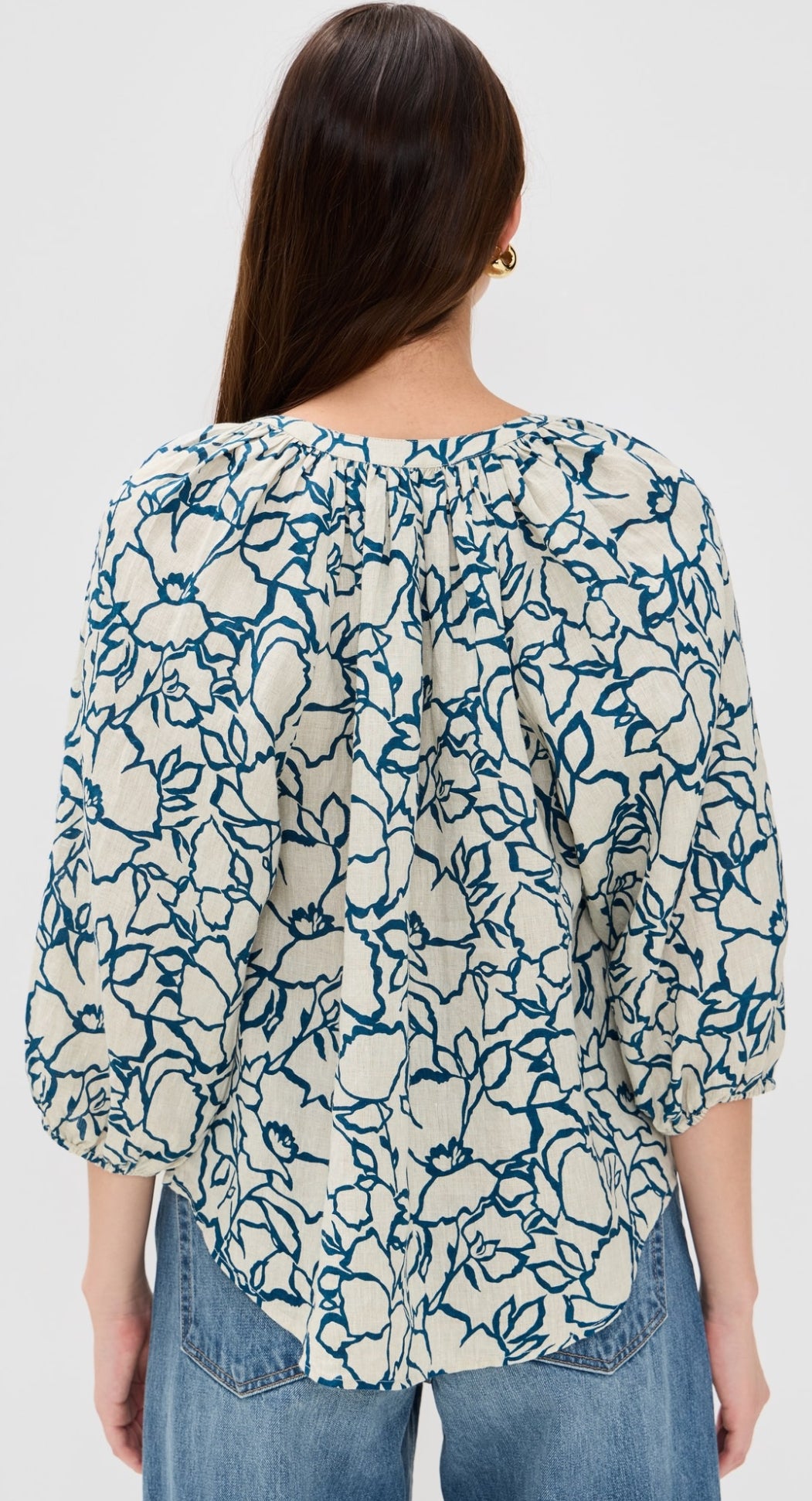 AA Mite 3/4 Sleeve Linen Blouse Top in Lace Floral Flax