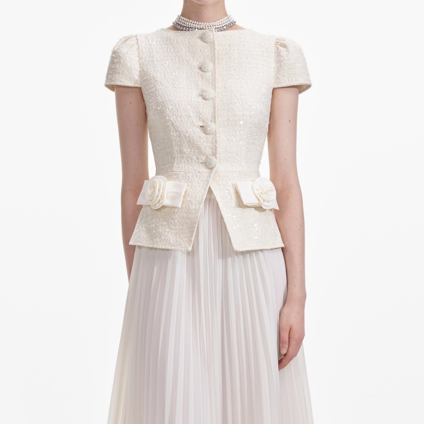 SP Cream Boucle Bow Detail Midi Dress