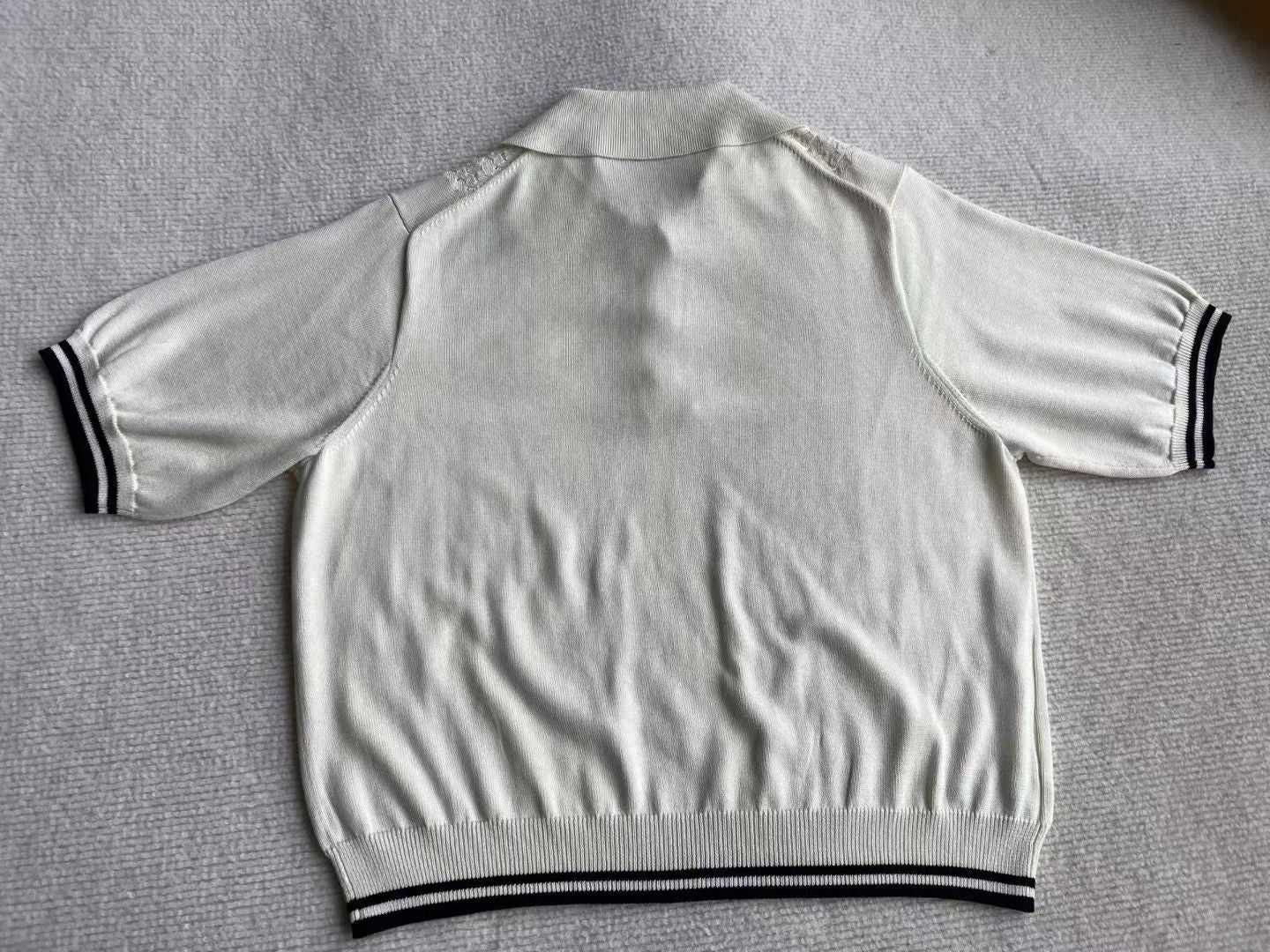 MM White Silk-Cotton Blend Knit Cropped Contrast Polo Shirt