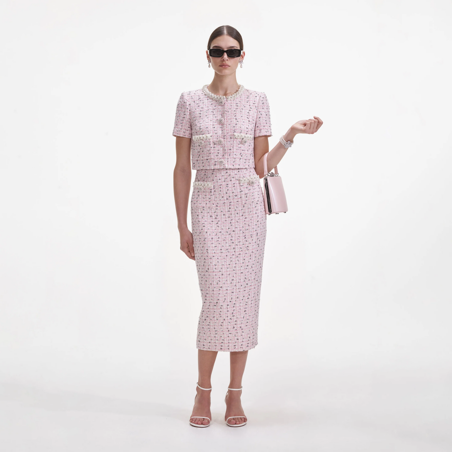 SP Pink Boucle Pearl Crop Top | Midi Skirt | Set