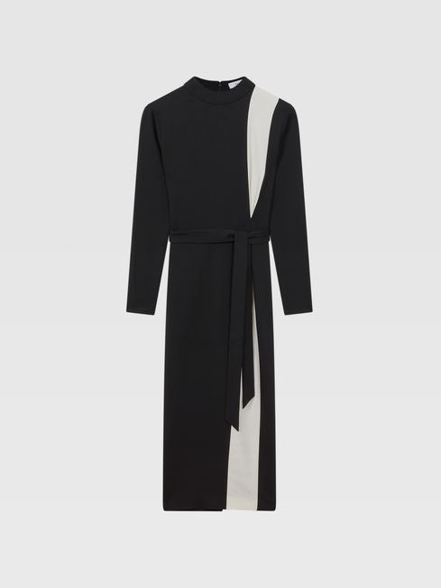 PETITE AVAIL! RS Millie Contrast Stripe Belted Midi Dress in Black