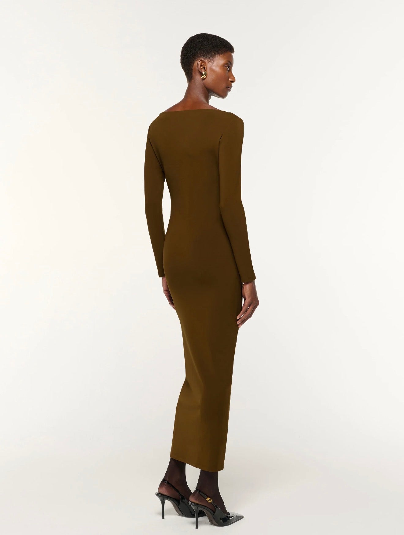 RM Khaki Jersey Twist Drape Metal Trim Stretch-Viscose Midi Dress