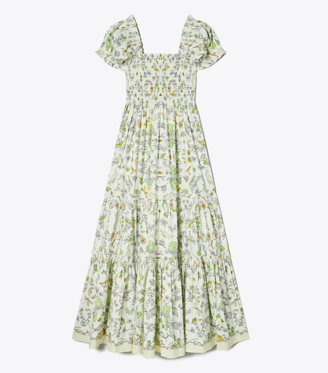 TB Printed Cotton Smocked Midi Dress in Beige Meadow