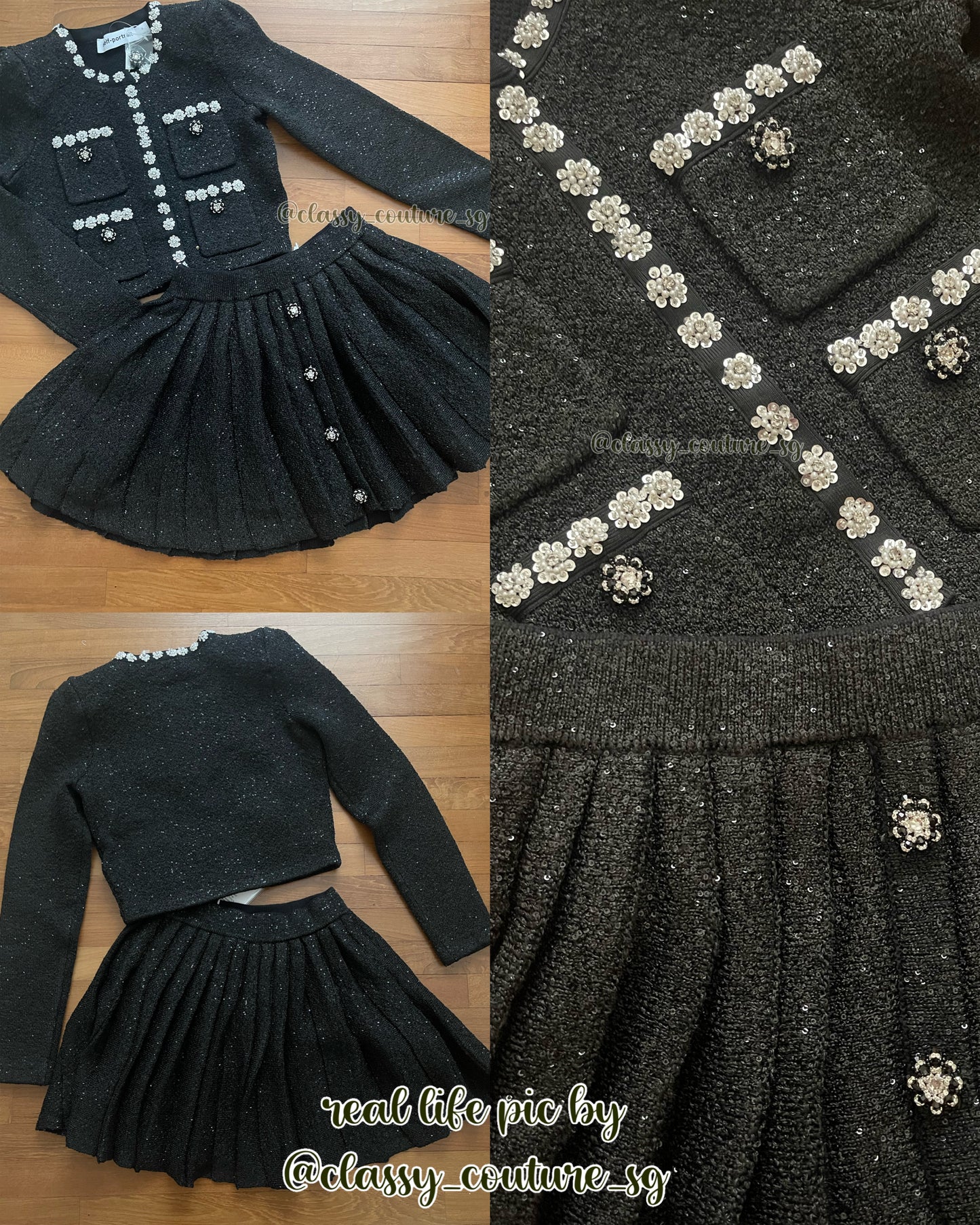 SP Black Sequin Knit Cardigan | Pleated Knit Skirt | cropped mini Set