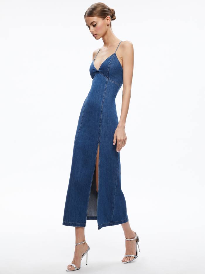 FEW! AO Julietta Denim Slip Midi Dress With Slit In Avery Blue