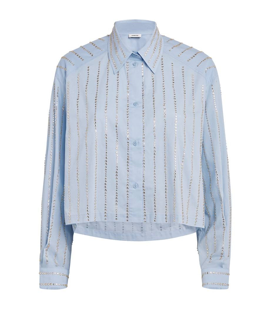 SD Celena Cotton Striped Embellished Cropped Button Down Shirt