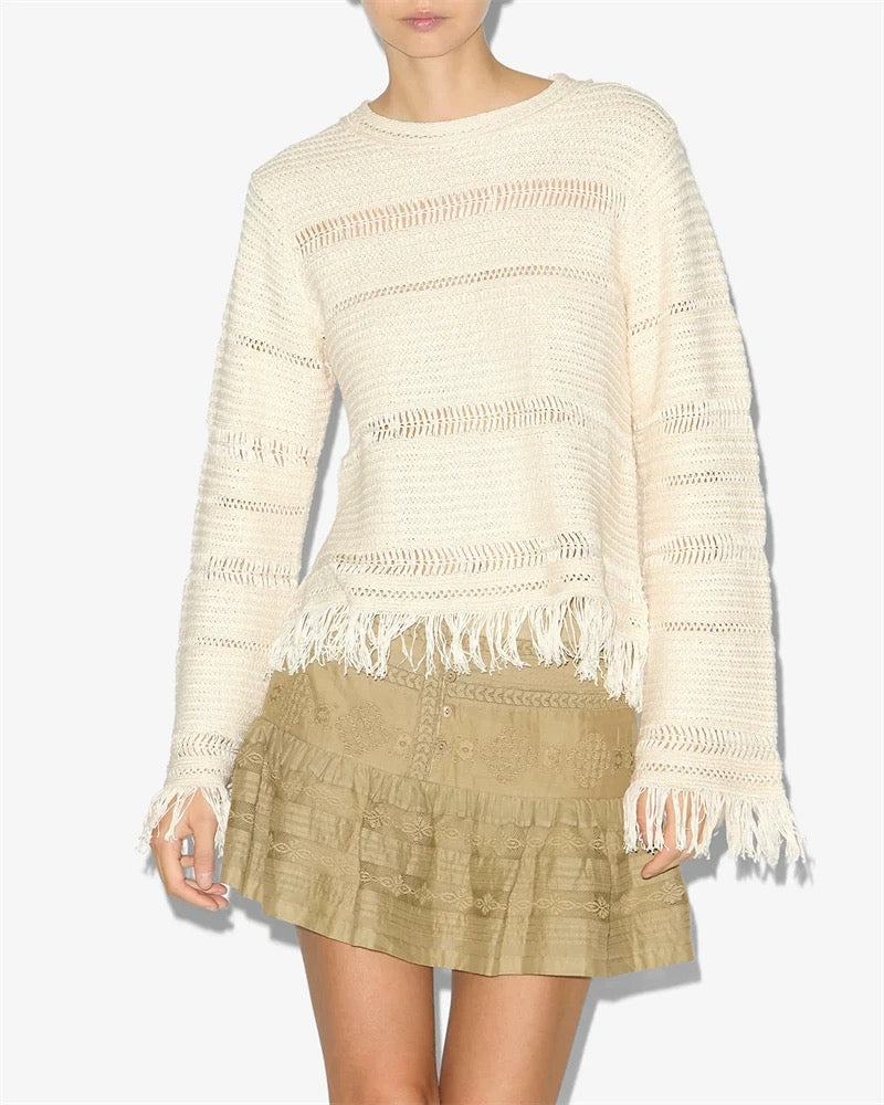 IM Azilis Open Stitch Fringe Cotton Crewneck Sweater Pullover