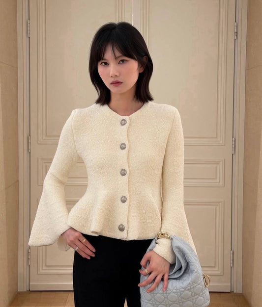 DR Virgin Wool-Blend Knit Embroidered Jacket Cardigan Top with Silver-Tone Sequins