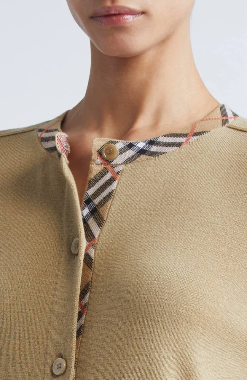 Check-trim Collar Wool Crewneck Cardigan