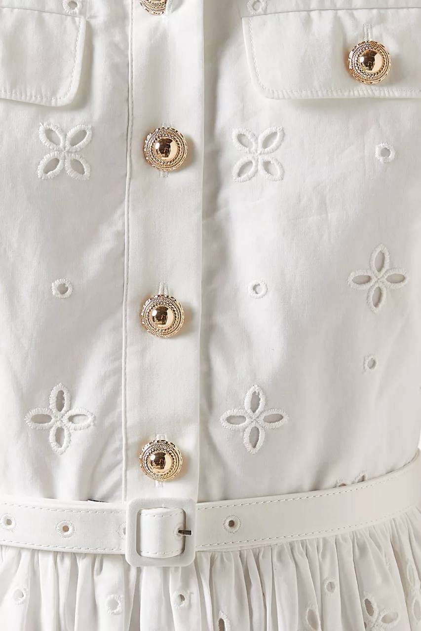 SP White Cotton Broderie Collared Midi Dress