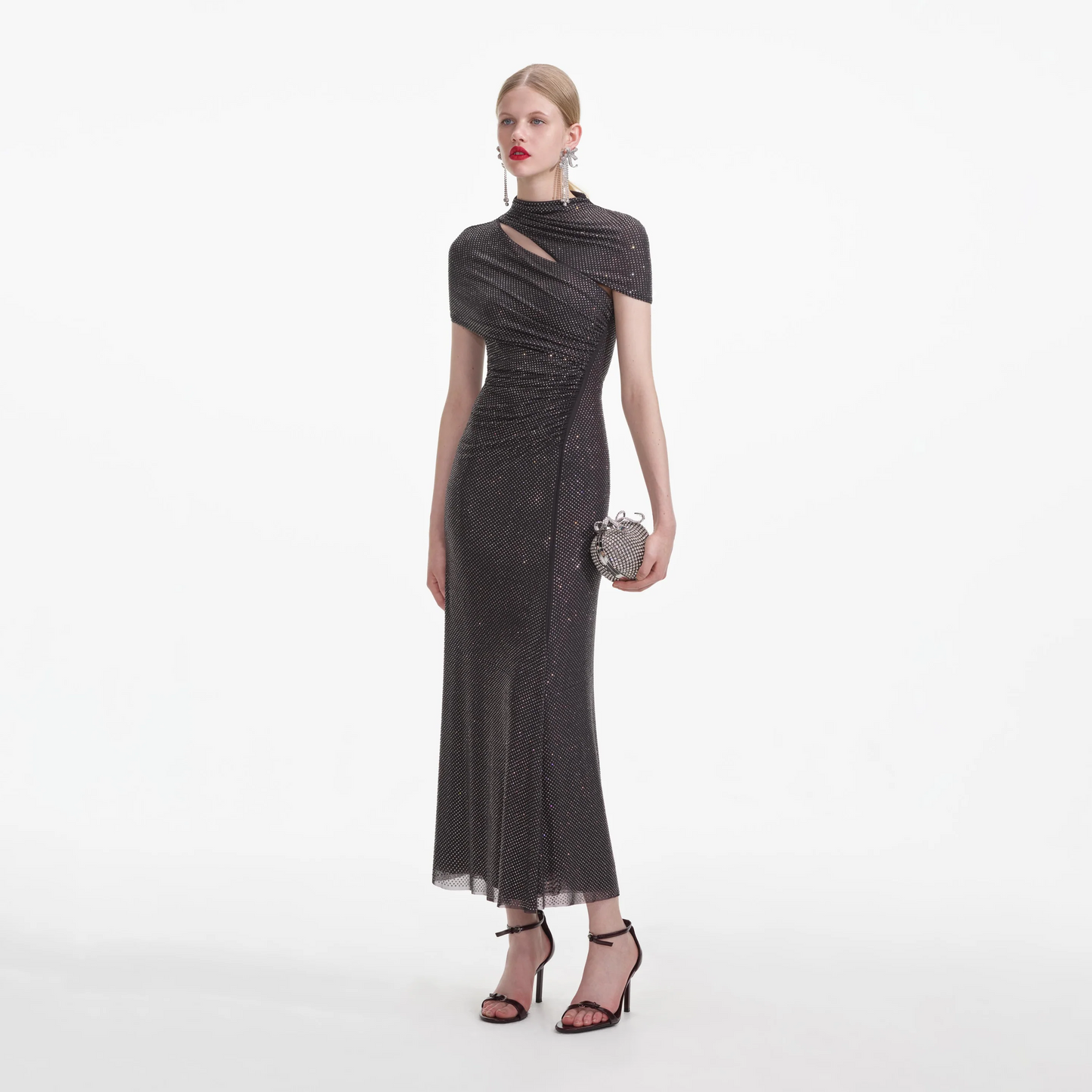 SP Burgundy | Slate Rhinestone Mesh Cut Out Midi Dress
