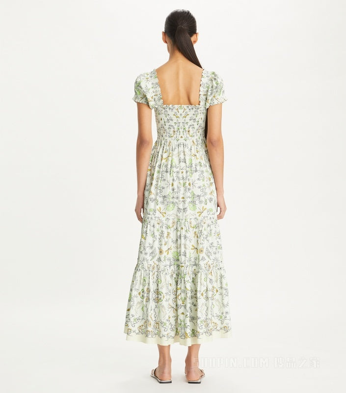 TB Printed Cotton Smocked Midi Dress in Beige Meadow