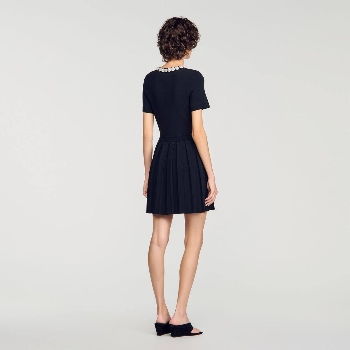 Black Short Sleeve Beaded Flowers Flared Viscose-blend Mini Dress