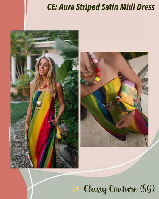 CE Aura Silk Strapless Maxi Dress in multi stripes