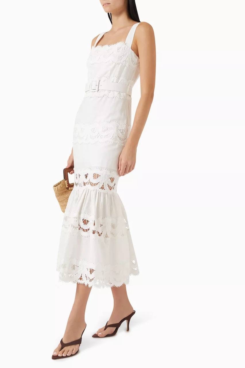 SP White Linen Lace Insert Belted Midi Dress
