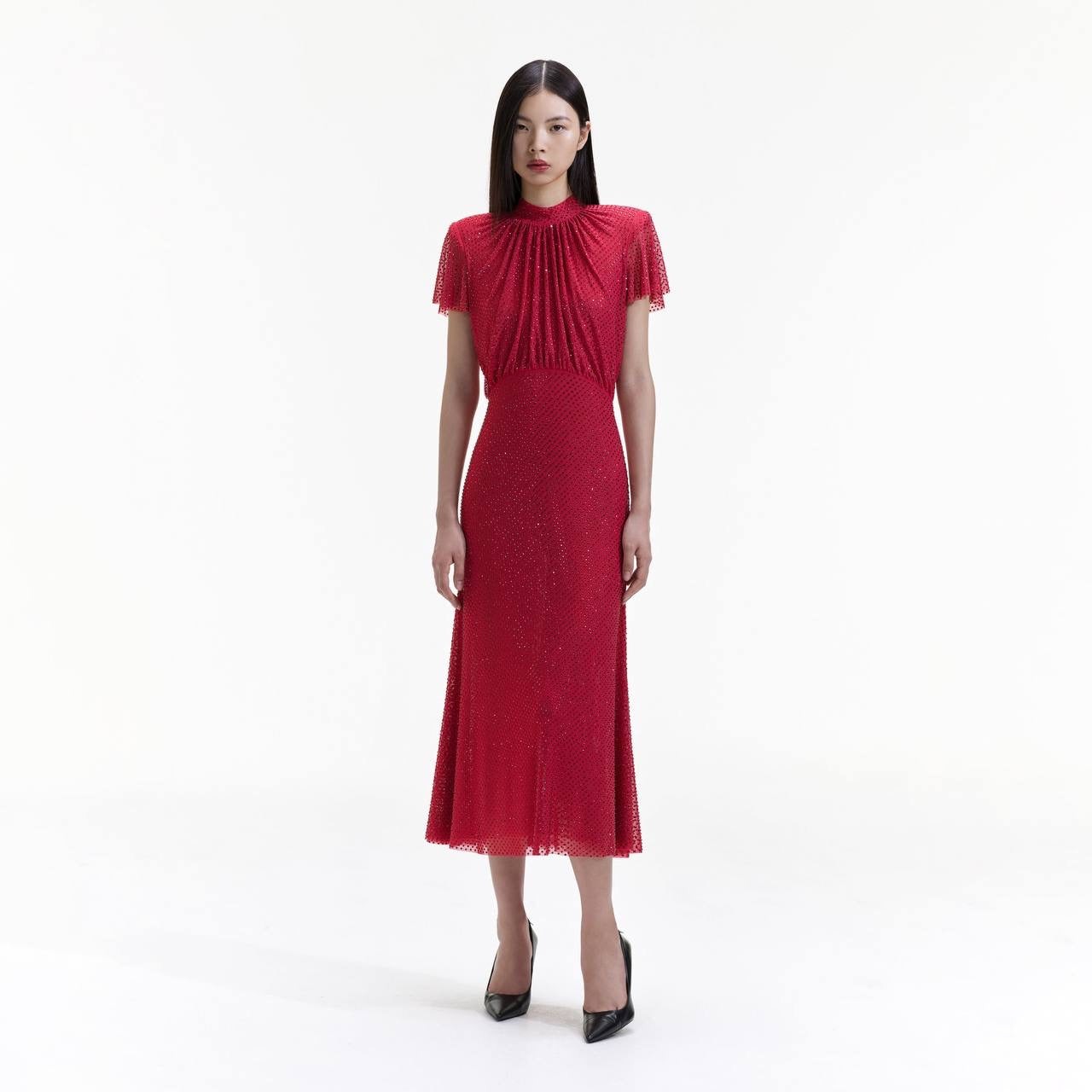 SP Red Rhinestone Mesh Midi Dress