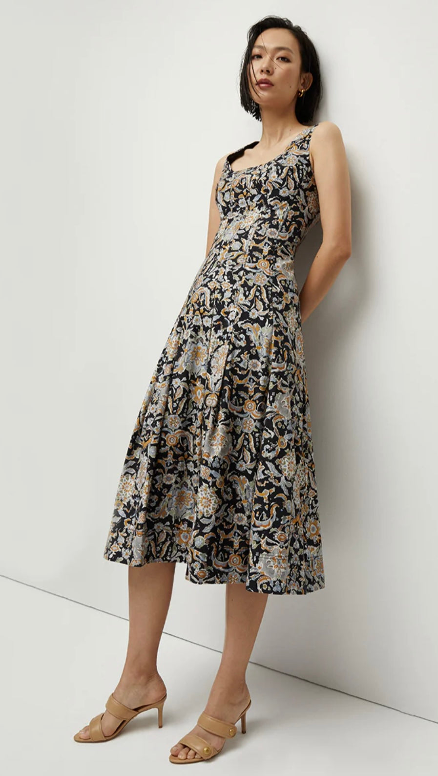 VB Jolie Paisley Midi Dress in Black Multi Stretch Cotton