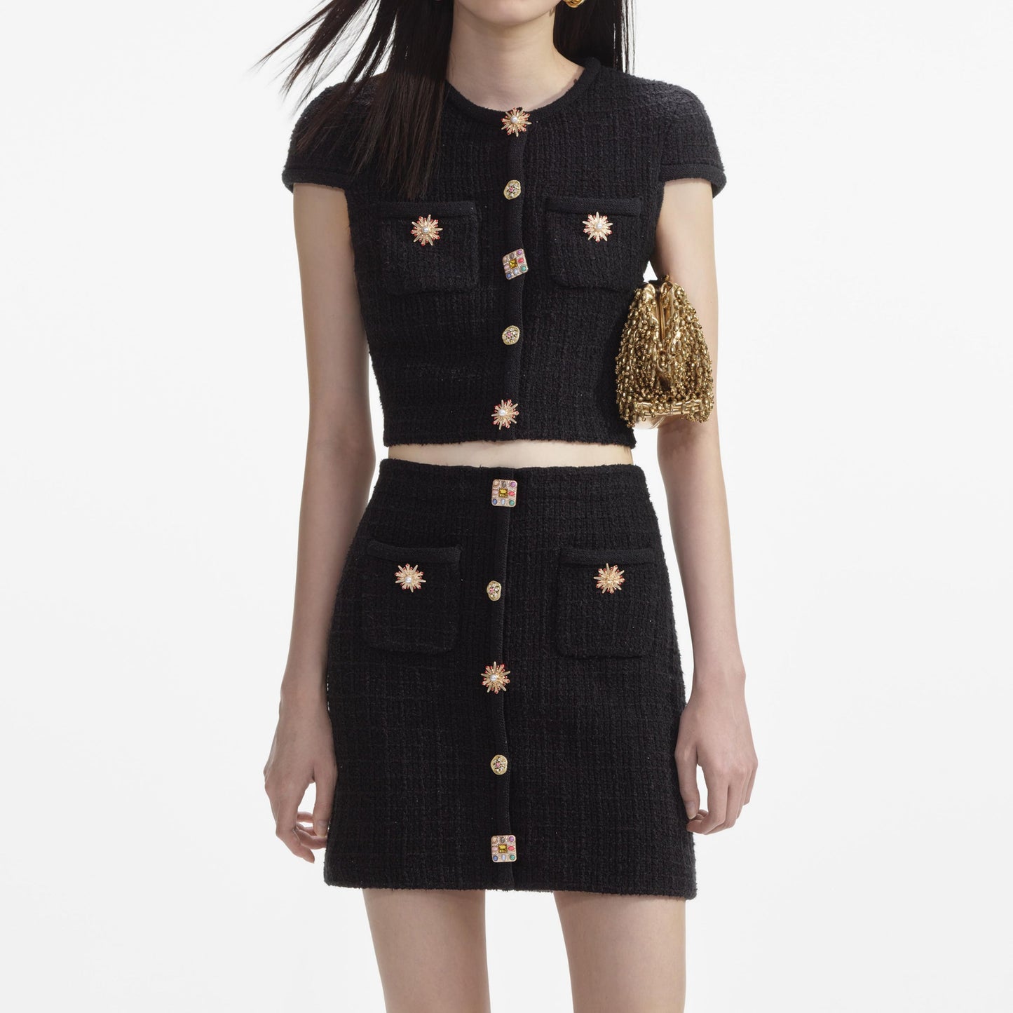SP Pink & Black Jewel Button Knit Top | Mini Skirt | Set