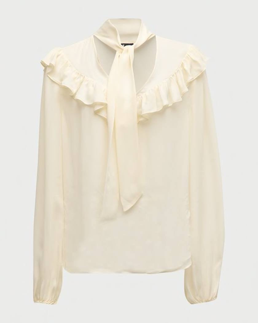 PG Katya Long-Sleeve Ruffled Blouse in Antique White Silk