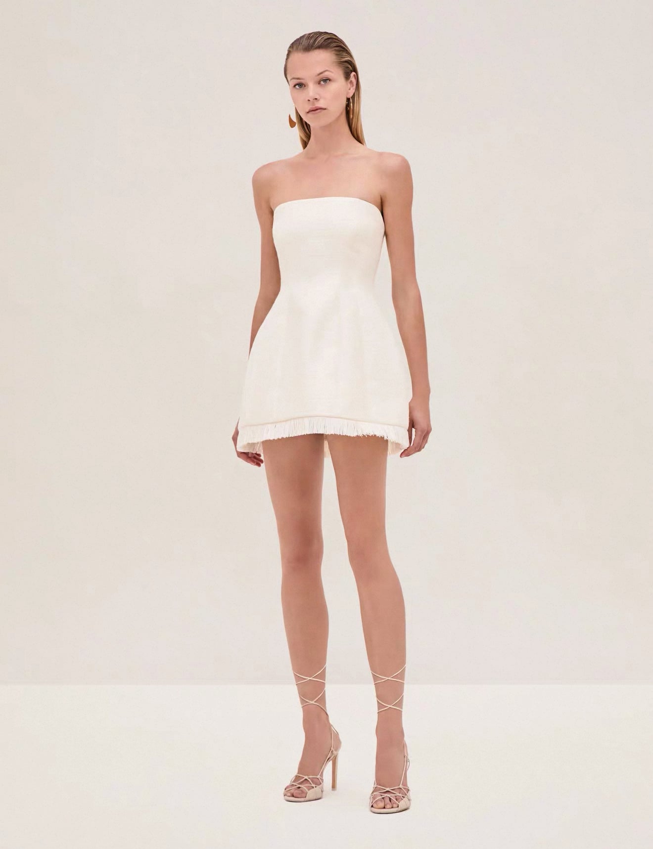 SALE! ALX Clea Strapless Fringe-trim Cotton-blend Mini Dress