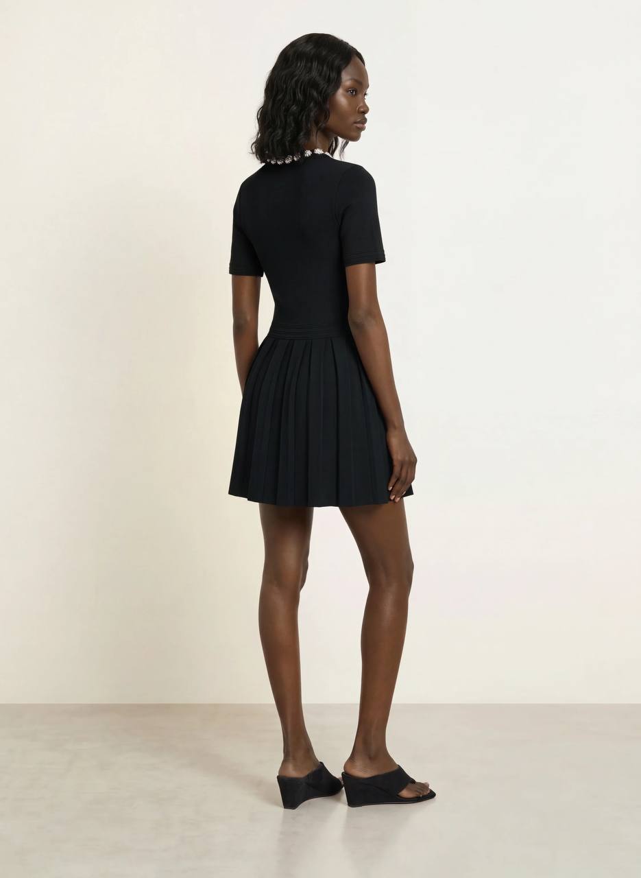 Black Short Sleeve Beaded Flowers Flared Viscose-blend Mini Dress