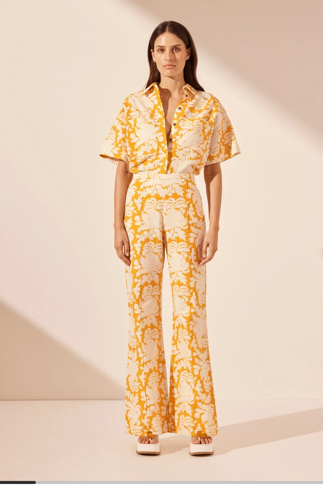 SJ Dulce Short Sleeve Relaxed Shirt | Pintuck Flared Pant | Cotton-Linen Set