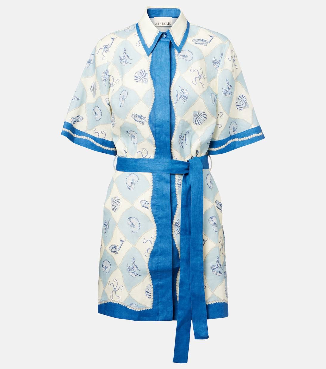 ALM Pia Blue Printed Linen Mini Dress Shirtdress