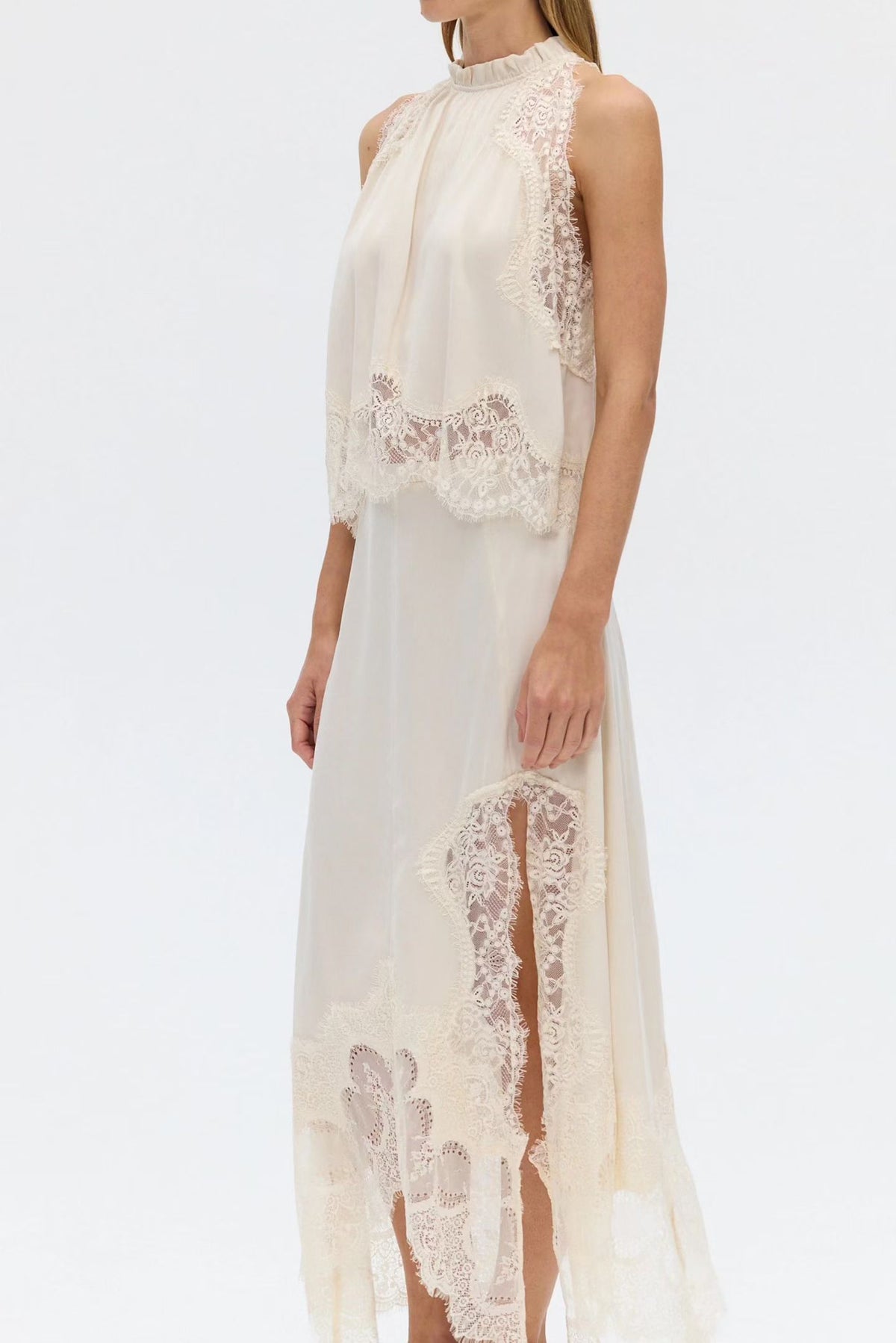 TF Visions Lace Crop Top | Handkerchief Midi Skirt | Cupro-rayon Satin Set