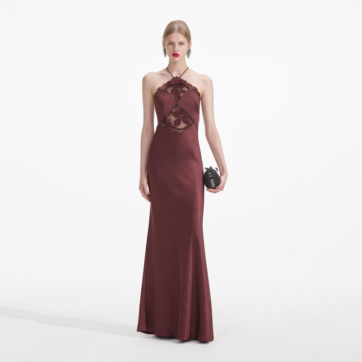 SP Brown Satin Halter Backless Maxi Dress with Lace Cut Out