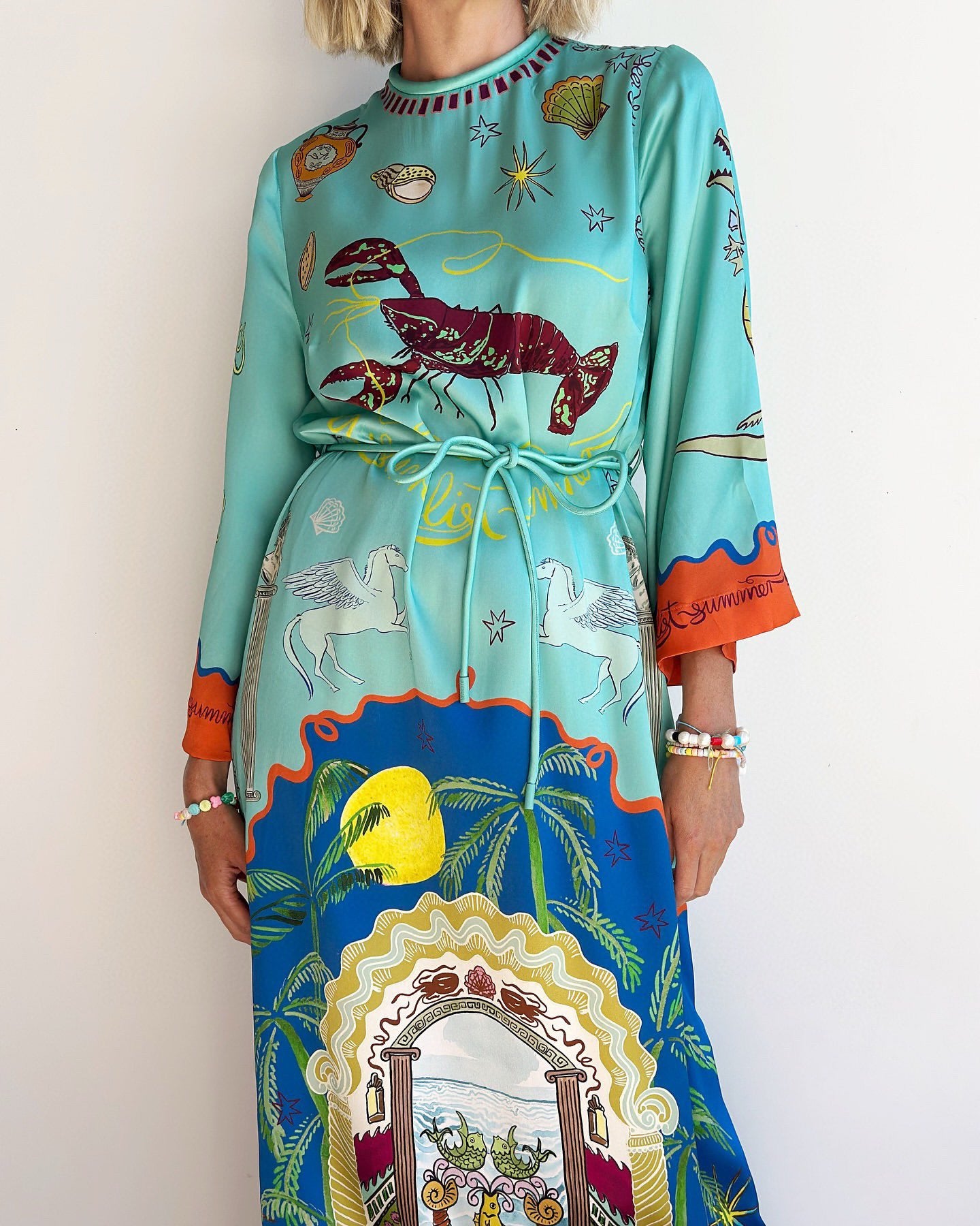 ALM Surrealist Summer Silk Satin Midi Maxi Dress