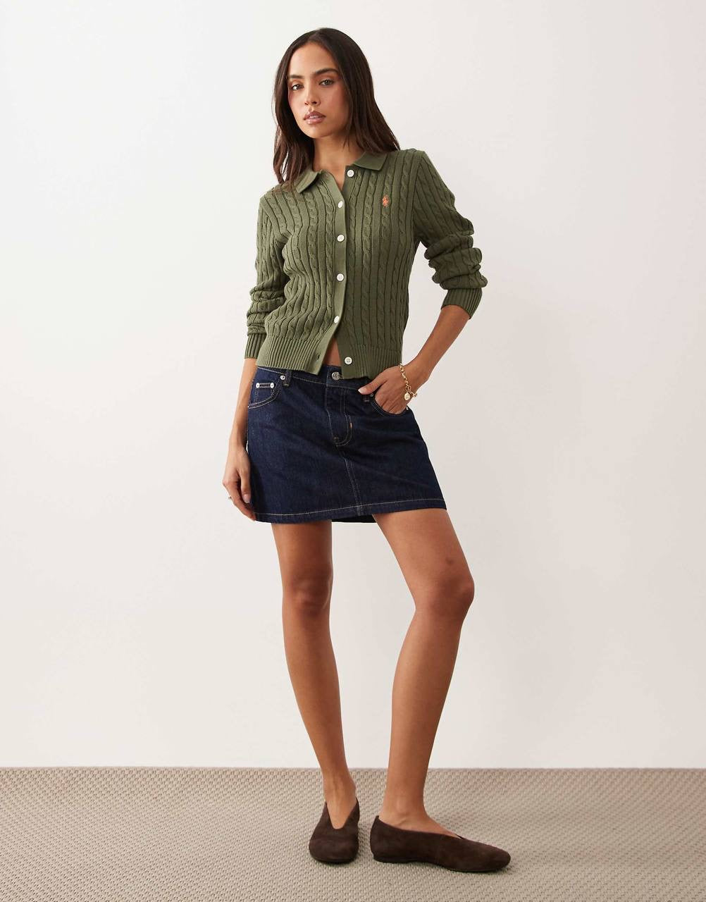 Polo Collar Mini Cable-Knit Cotton Cardigan