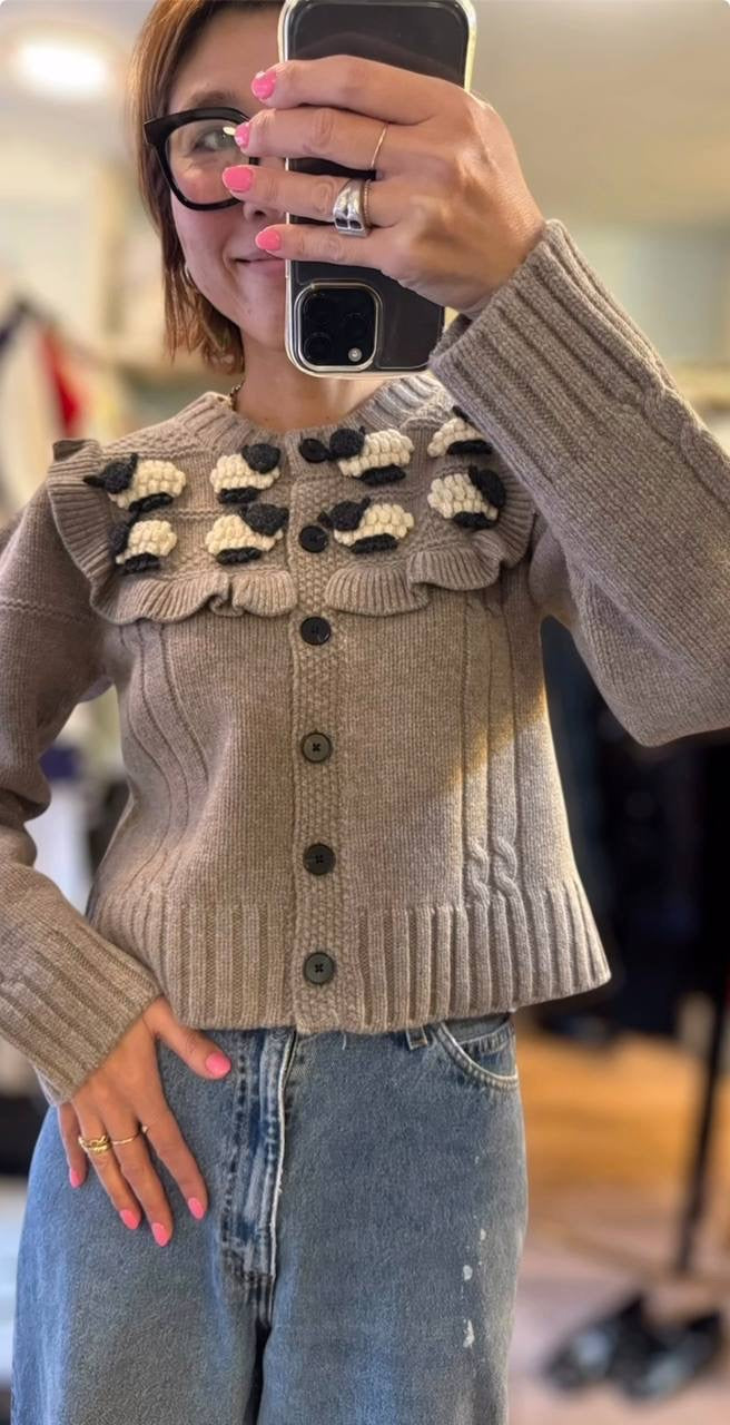 SE Benny Sheep-appliqué Ruffle Yoke Wool Cardigan