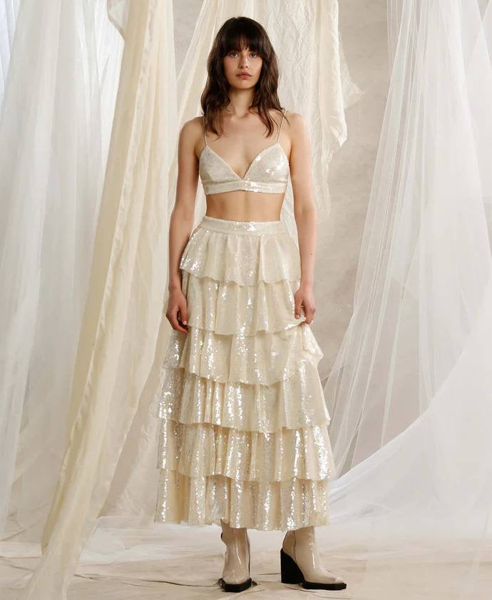 IX Shimmer Outlaw | Bralette crop top | Tiered Maxi Skirt Set