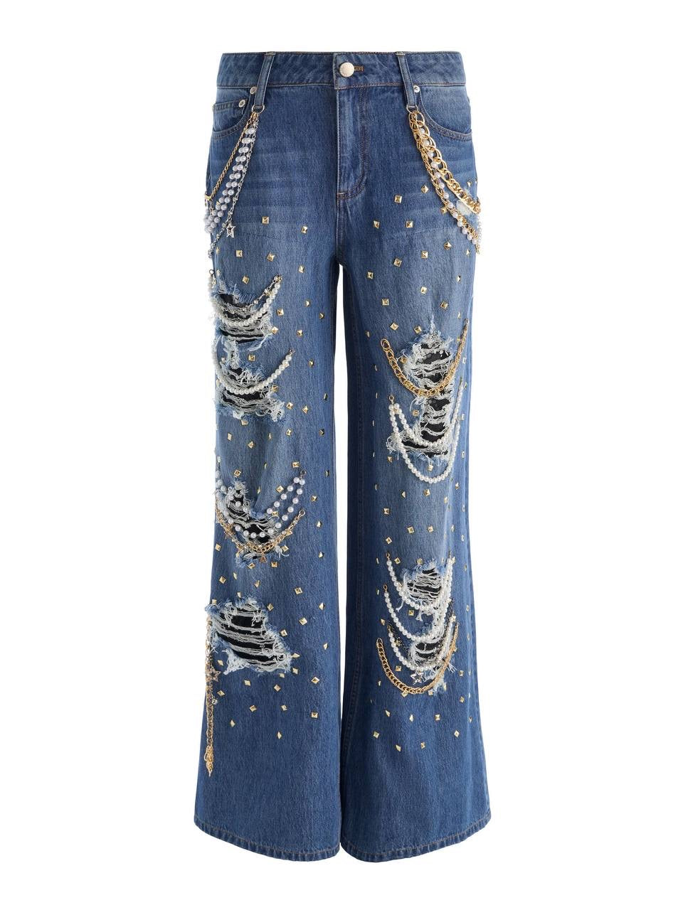 Harper Gold-tone Chain & Pearl-Embellished Ripped Mid-Rise Wide-leg Jeans