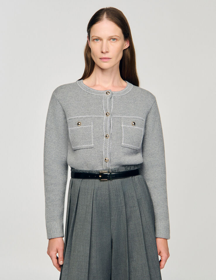 SD Grey Wool-Blend Cardigan With Contrast Stitching