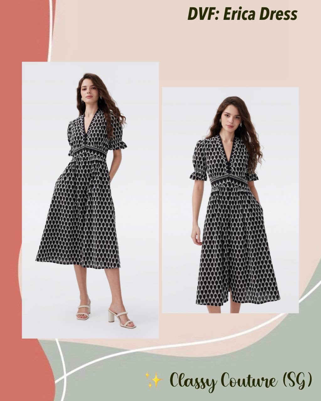DVF Erica Cotton Midi Dress in Black/Ivory