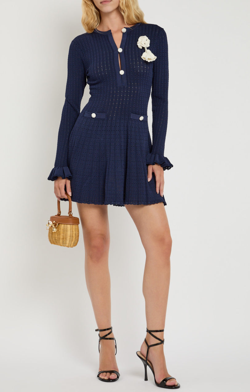 SP Navy Pointelle Knit Crochet Flower Mini Dress