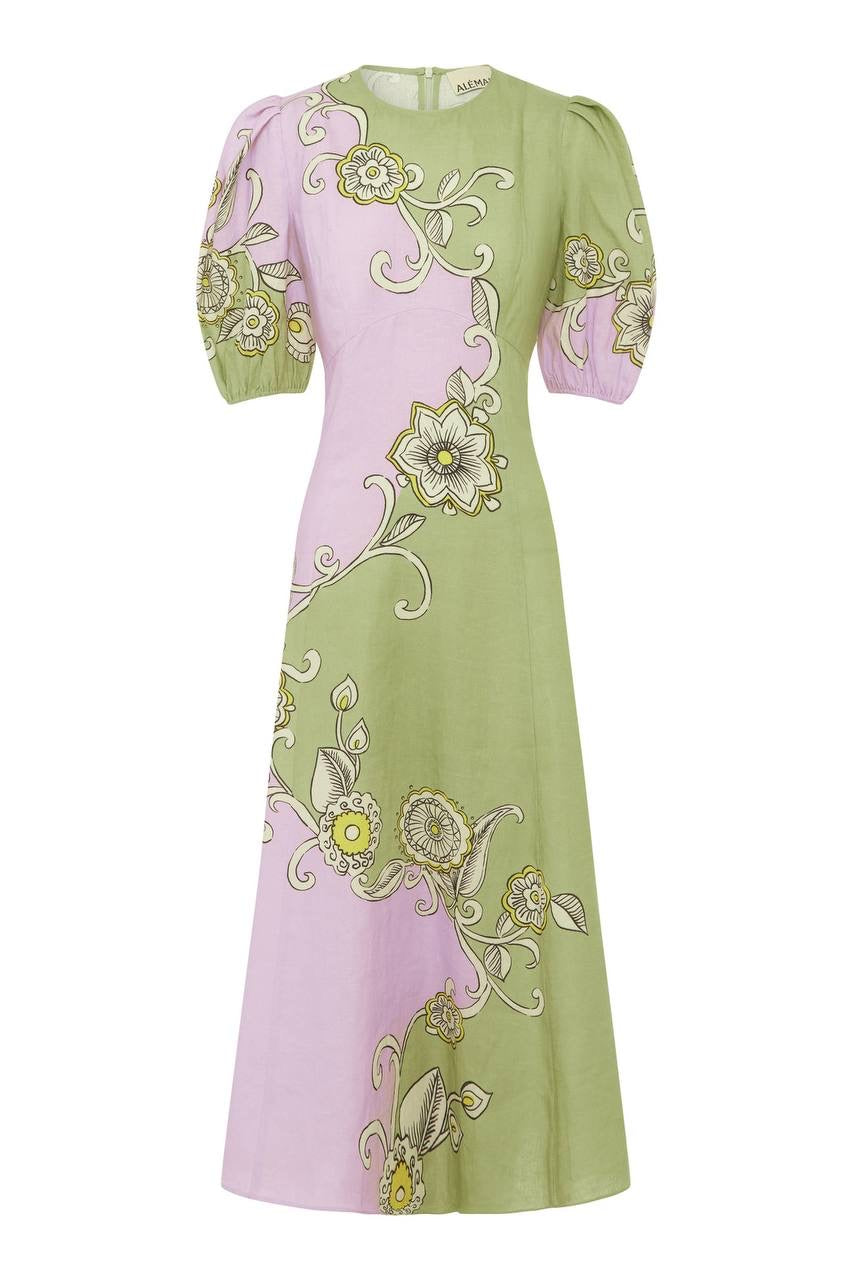 ALM Sora Puff Sleeve Linen Midi Dress