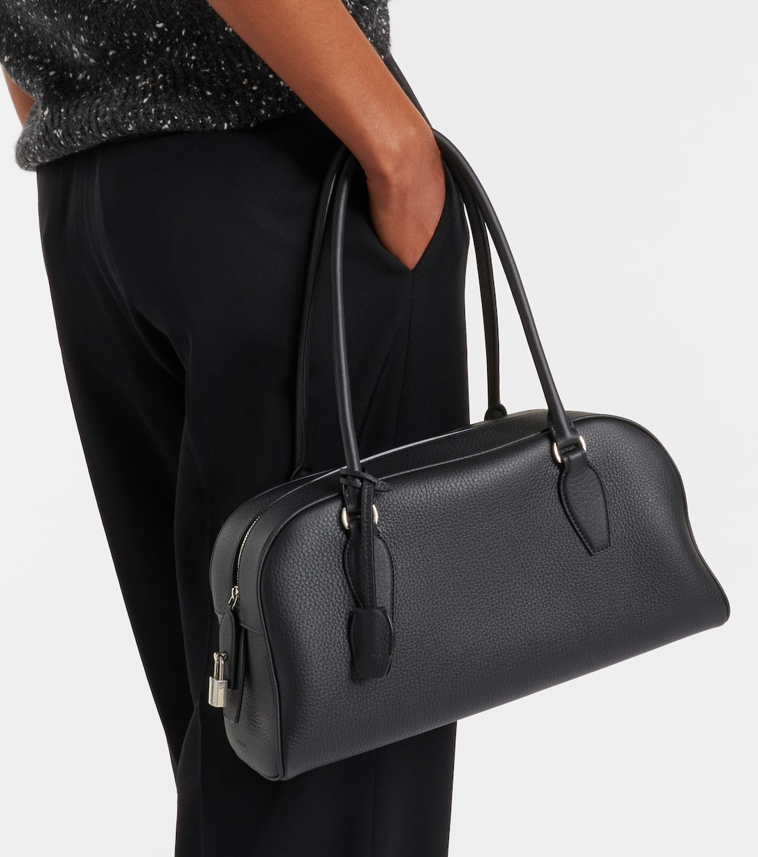 TR E/W India Grained Calfskin Leather Bowling Shoulder Bag in Black & Brown