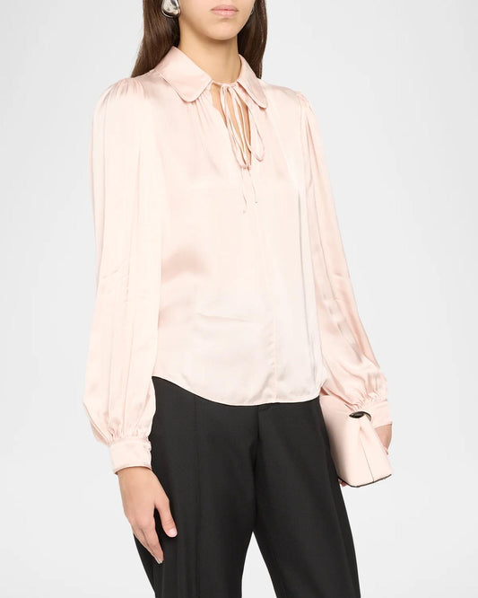 Roanne Tie-Front Viscose-blend Satin Long Sleeve Blouse Top in Blush Pink