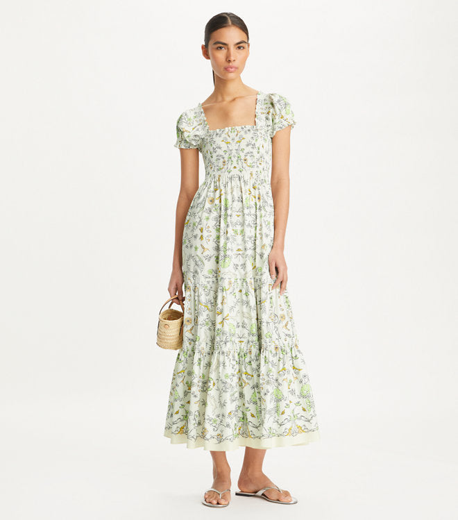 TB Printed Cotton Smocked Midi Dress in Beige Meadow