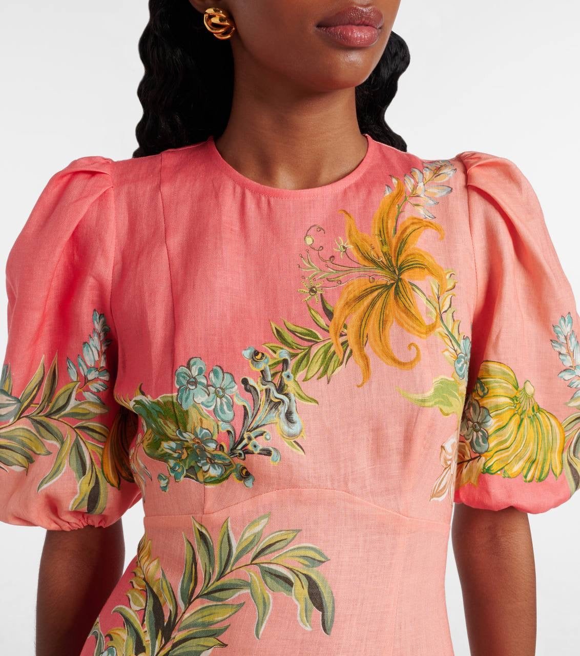 ALM Anika Linen Puff Sleeve Midi Dress